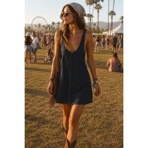 Zara Trafaluc Denim Pinafore Dress Blue Festival Boho Mini Sleeveless XS